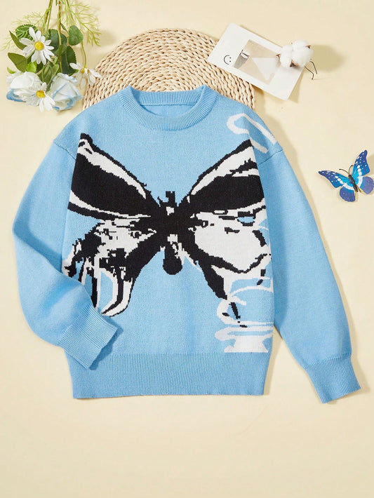 Tween Girl Butterfly Pattern Sweater