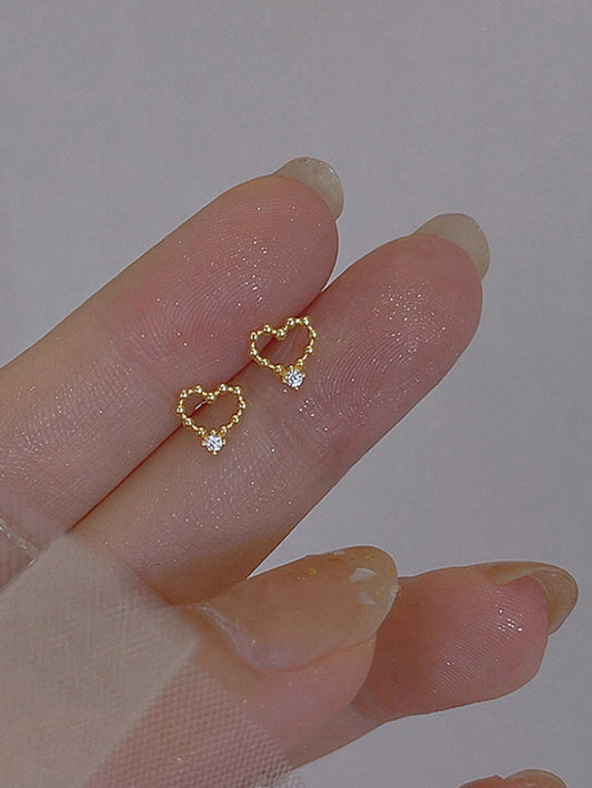 1pair Cute Heart Shaped Rhinestone Stud Earrings For Girls