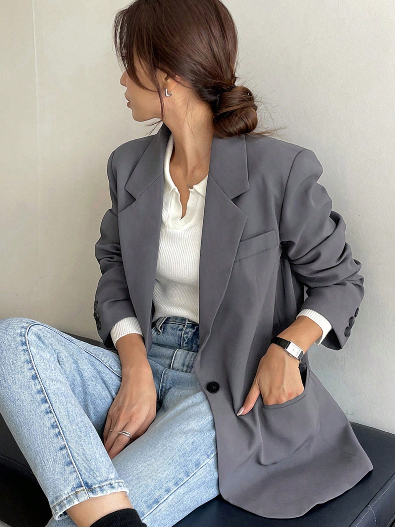 DAZY Lapel Neck Single Button Blazer