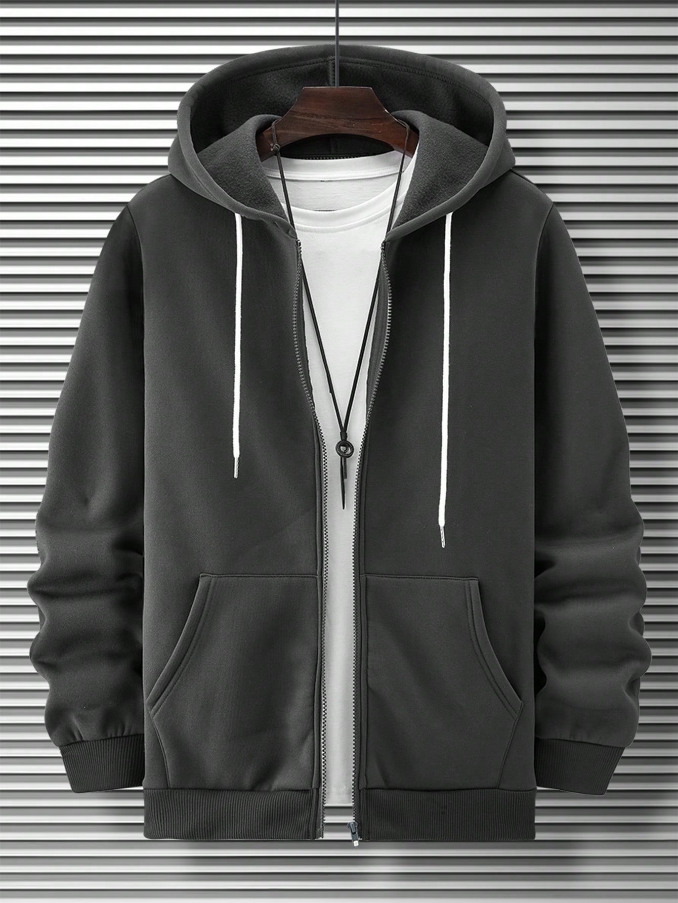 Men Zip Up Drawstring Thermal Lined Hoodie Without Tee