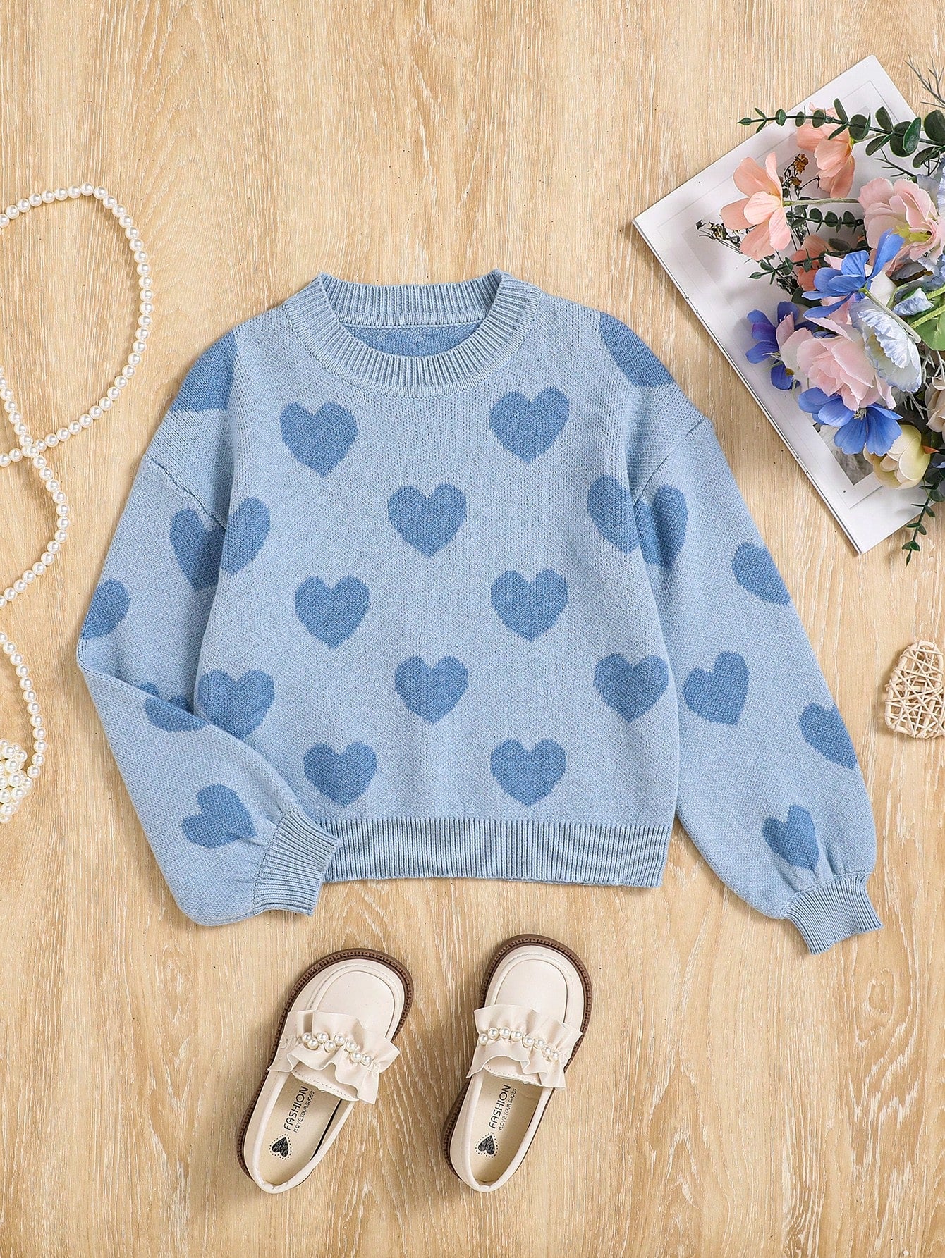 Tween Girl Heart Pattern Sweater