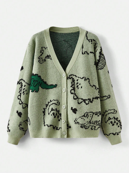 Qutie Plus Dinosaur Pattern Drop Shoulder Button Front Cardigan