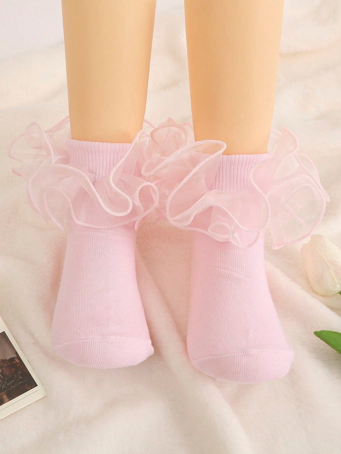 1pair Kids' Glitter Solid Color Floral Lace Short Socks