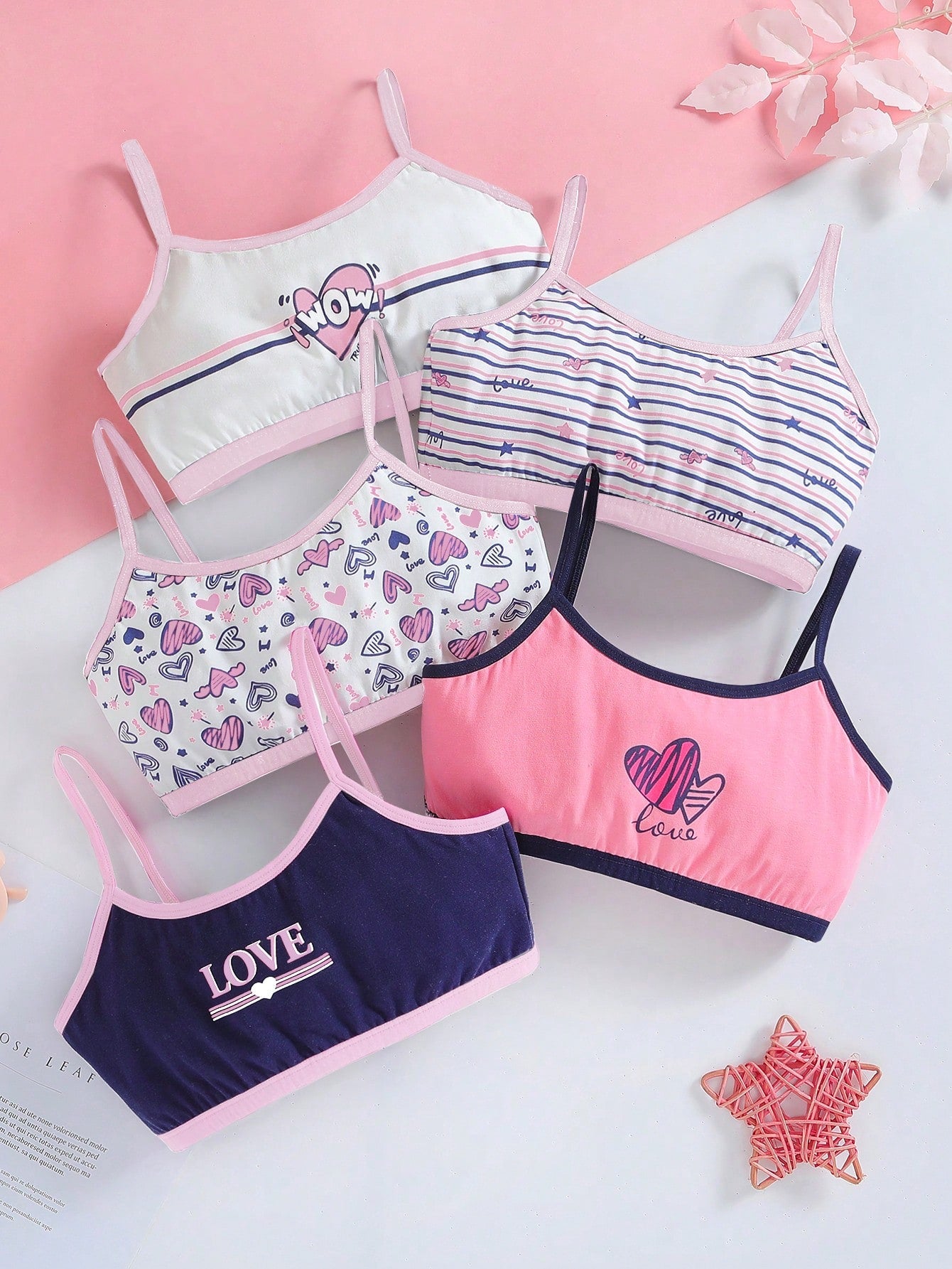 Tween Girl 5pcs Striped & Heart Print Contrast Binding Bra