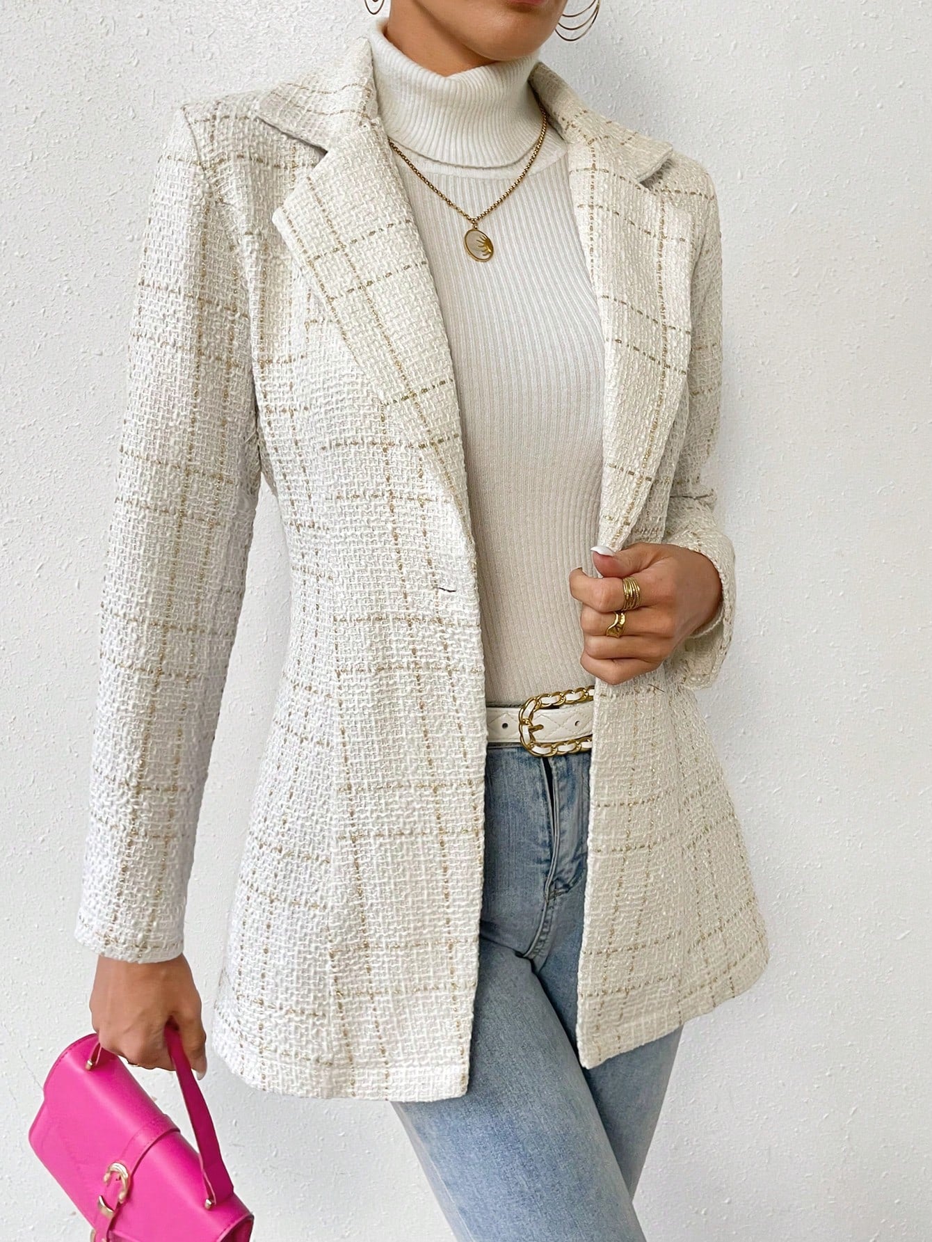 Plaid Pattern Lapel Neck Single Button Tweed Blazer