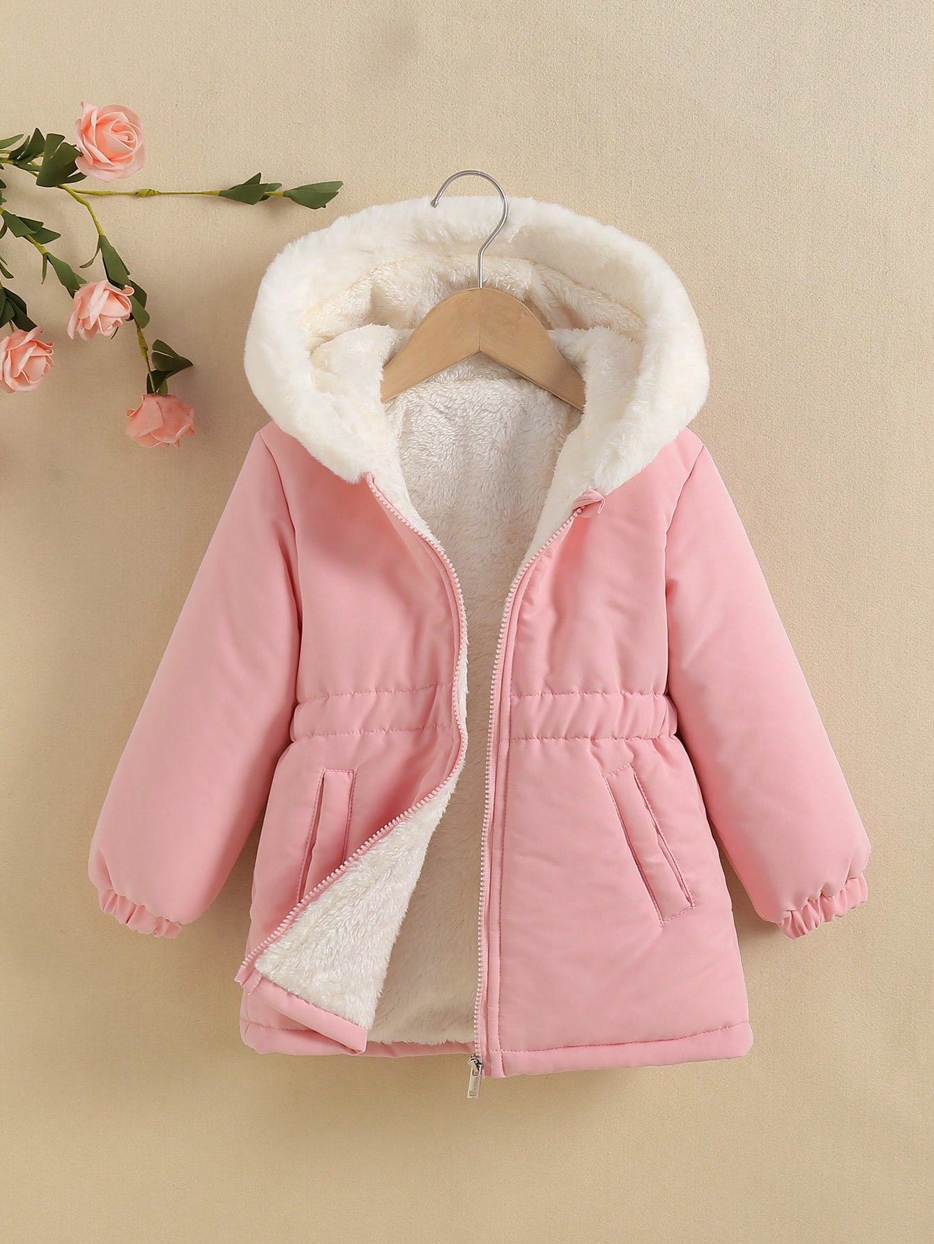 Young Girl Zip Up Elastic Waist Hooded Thermal Lined Coat