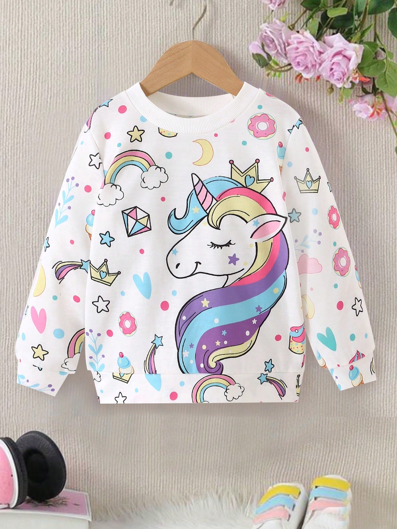 Young Girl Casual Sports Round Neck Fitted Long Sleeve Unicorn Print Sweatshirt For Daily Wear, Spring & Autumn