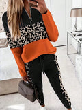 New Arrival Autumn & Winter Cross-border European And American Style Leopard-print Splice Zipper V-neck Long-sleeved Top And Pants Two-piece Set