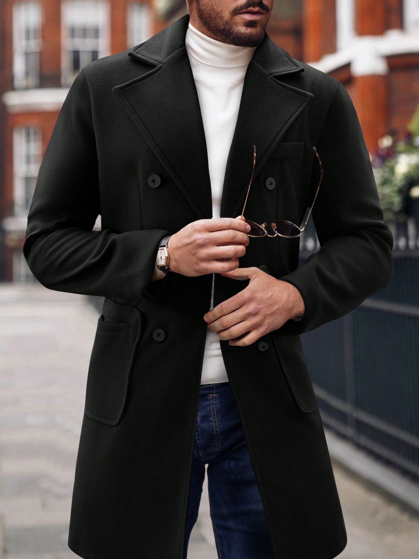 Men Lapel Collar Double Breasted Overcoat