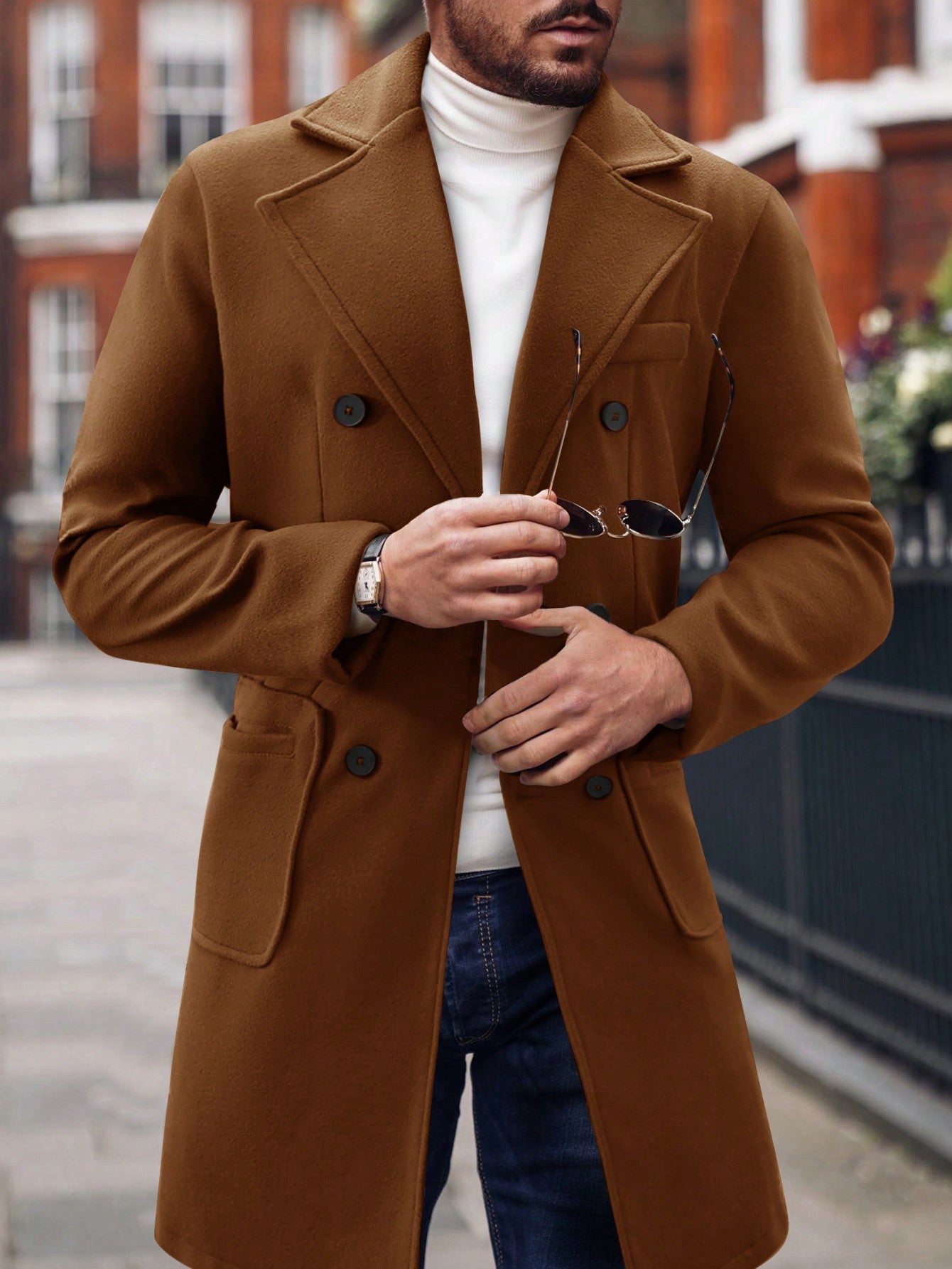 Men Lapel Collar Double Breasted Overcoat