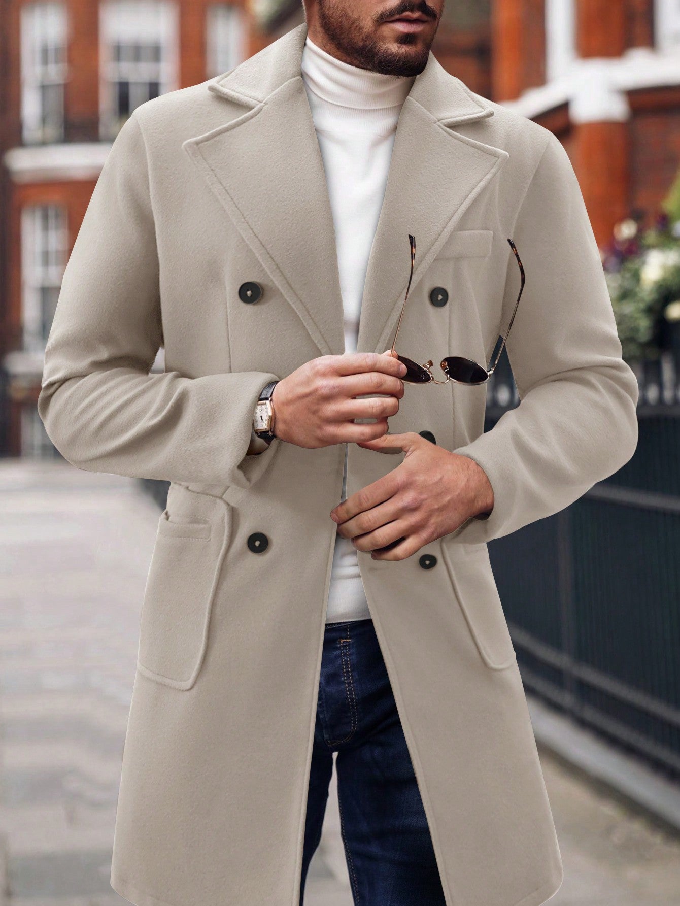 Men Lapel Collar Double Breasted Overcoat