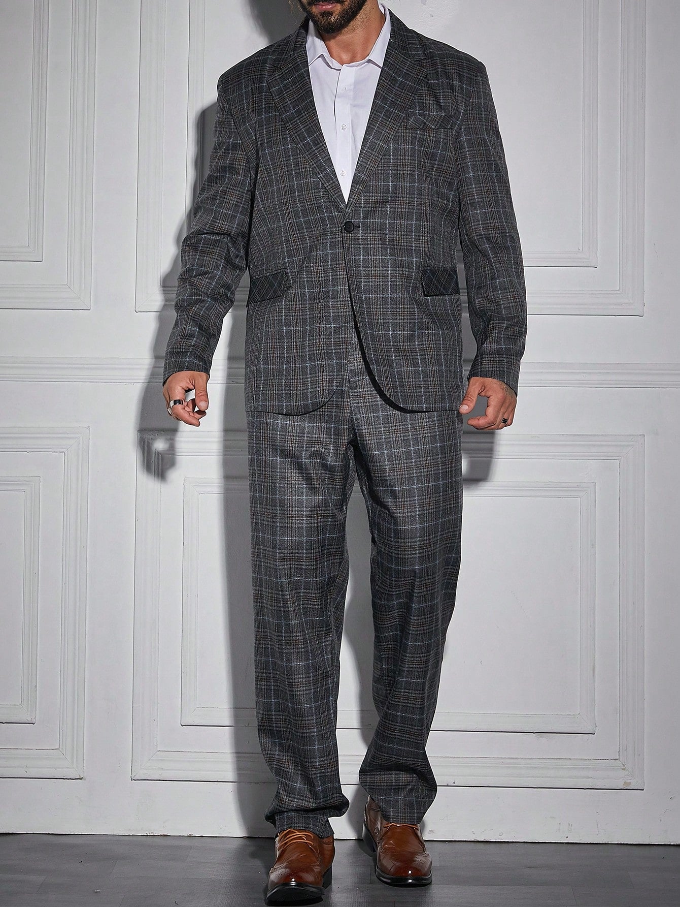 Men Plus Plaid Single Button Blazer & Suit Pants Set