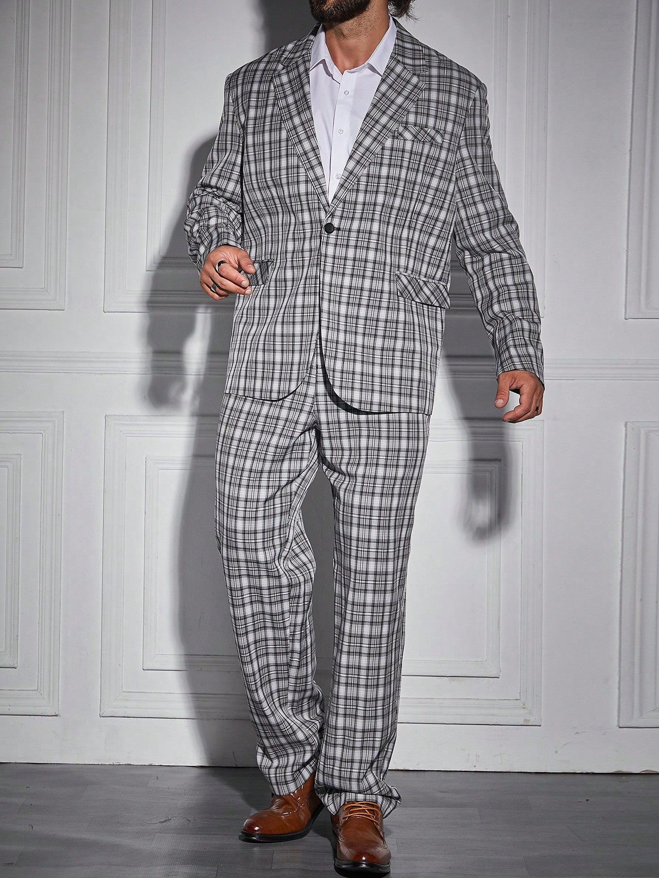 Men Plus Plaid Print Single Button Blazer & Pants