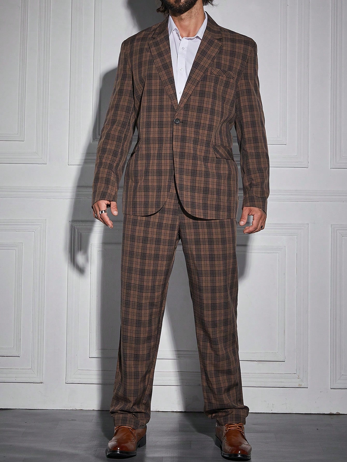 Men Plus Plaid Print Single Button Blazer & Pants