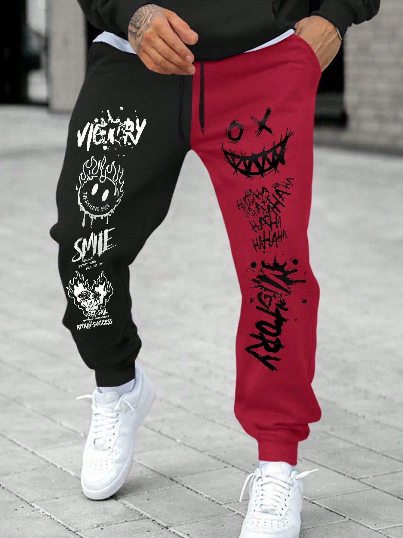 Men's Sweatpants With Letter Emoticon And Color Block