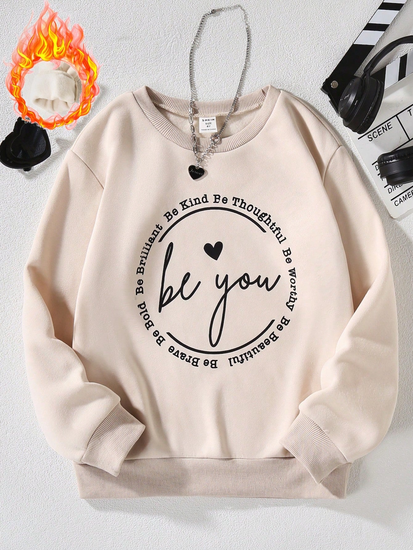 Tween Girl Slogan Graphic Thermal Lined Sweatshirt