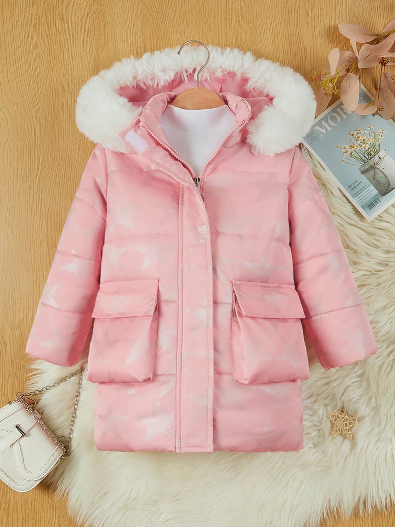 Young Girl Hooded Padded Coat With Star Pattern