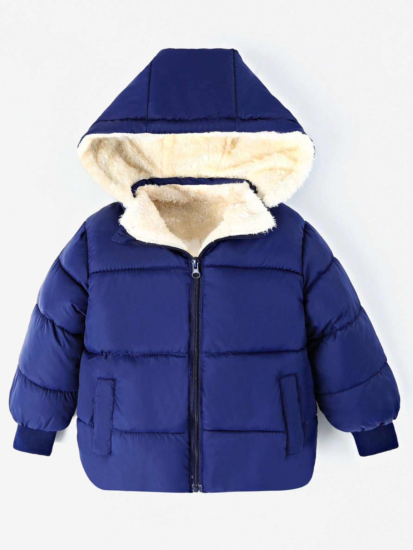 Young Boy Slant Pockets Hooded Teddy Lined Puffer Coat