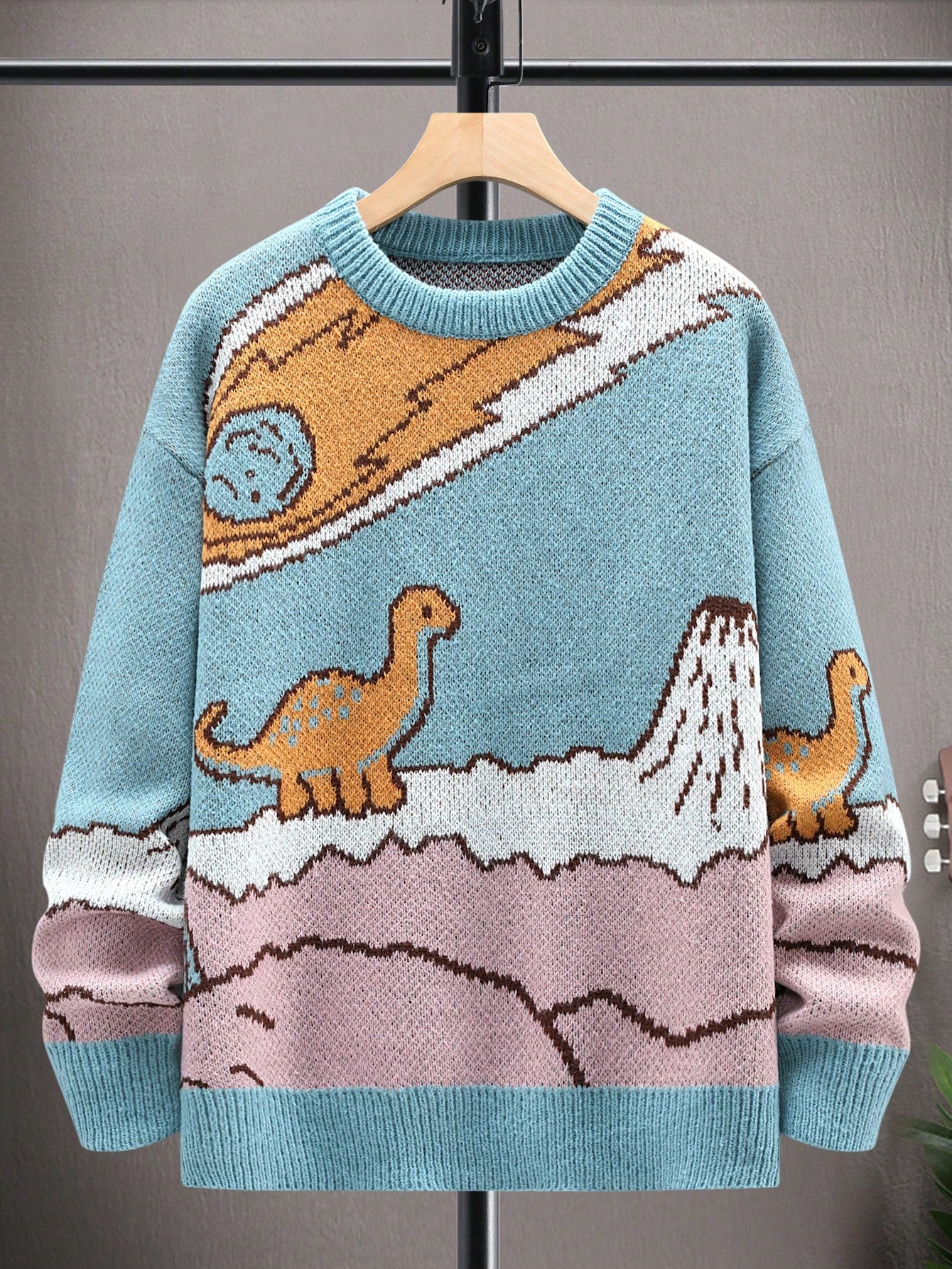 Men 1Pc Cartoon Pattern Colorblock Drop Shoulder Baggy Sweater, Crew Neck Long Sleeve Colorful Dinosaur Pattern Going Out Fashion Sweater For Friends