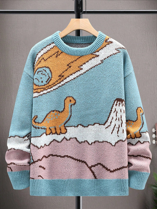 Men 1Pc Cartoon Pattern Colorblock Drop Shoulder Baggy Sweater, Crew Neck Long Sleeve Colorful Dinosaur Pattern Going Out Fashion Sweater For Friends