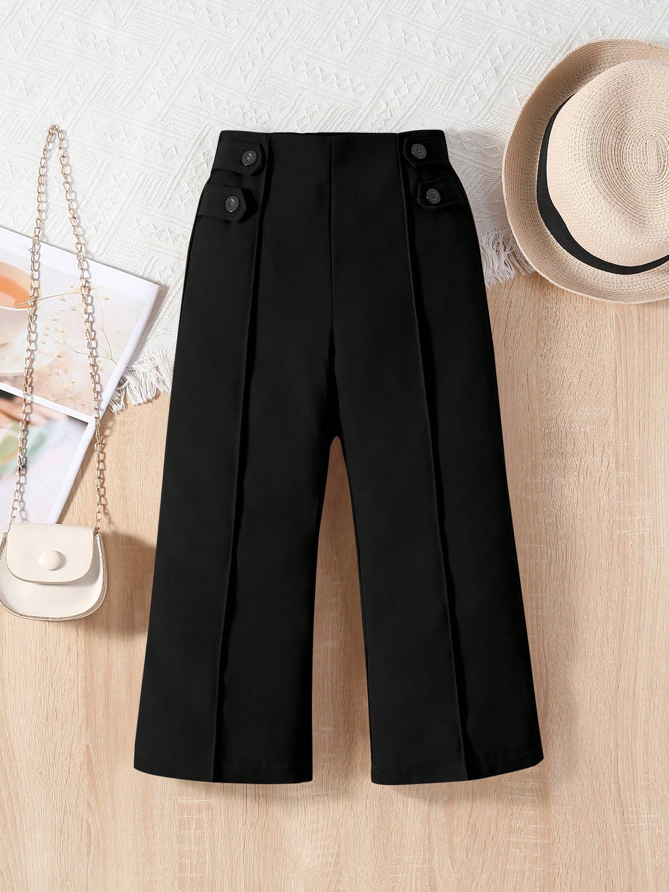 Young Girl Solid Color Button Closure Straight Leg Pants