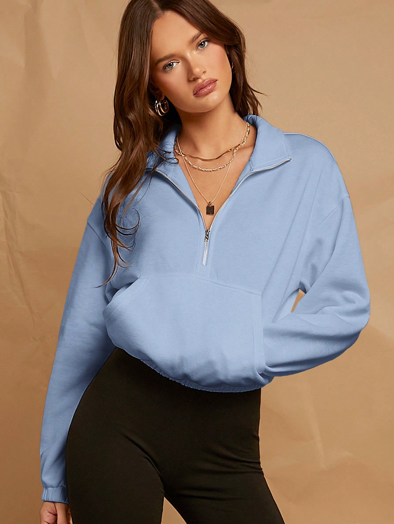 Spring Outfits White Drop Shoulder Zip Half Placket Crop Sweatshirt