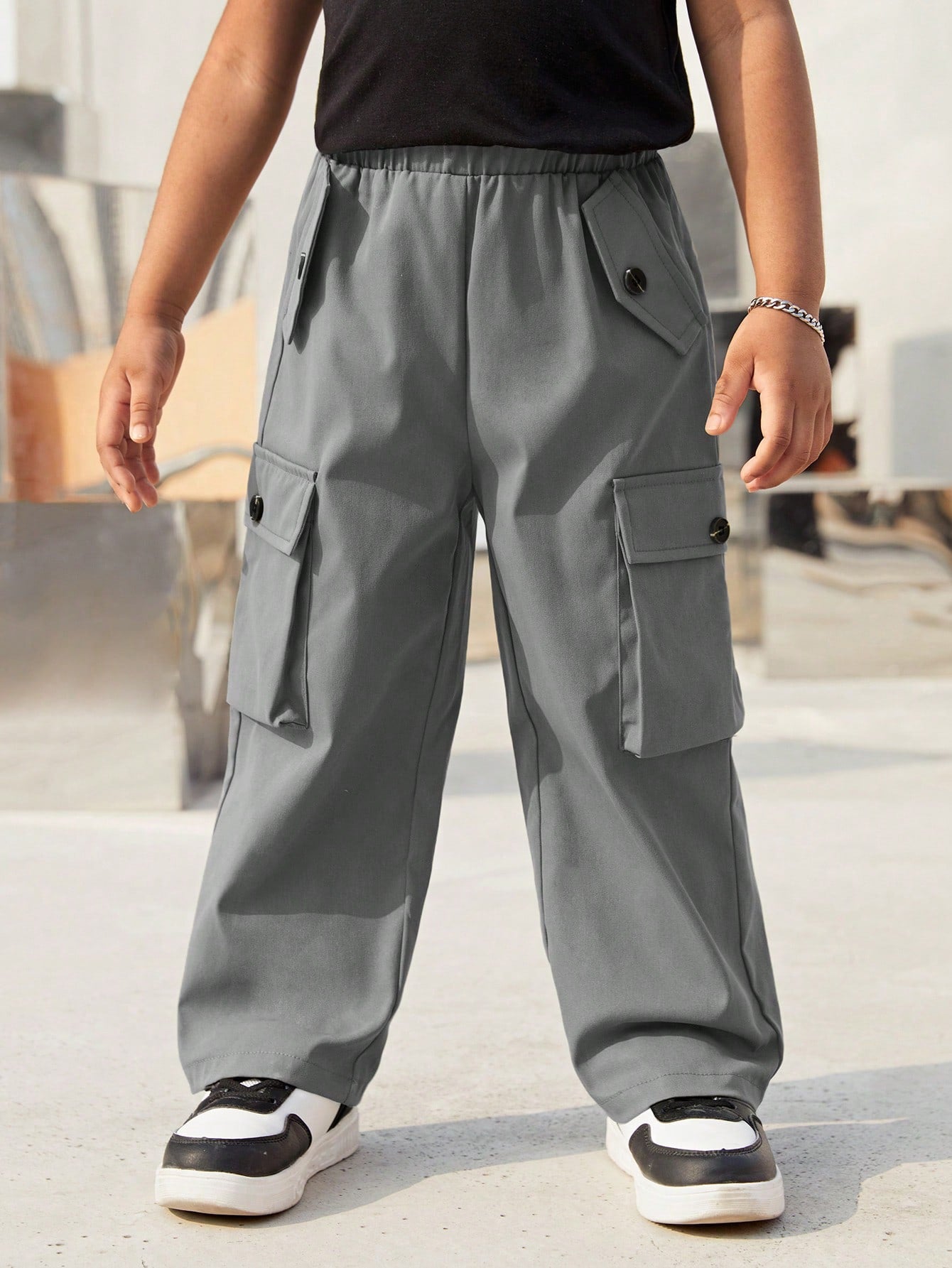 Solid Color Casual Versatile Young Boy Side Flip Cover Pocket Cargo Pants