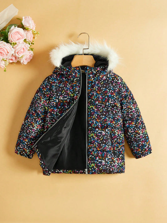 Young Girl Fuzzy Trim Hooded Thermal Lined Hooded Winter Coat