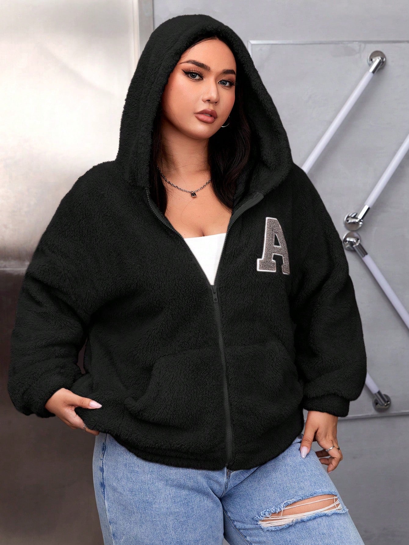 Plus Letter Patched Drop Shoulder Hooded Teddy Jacket