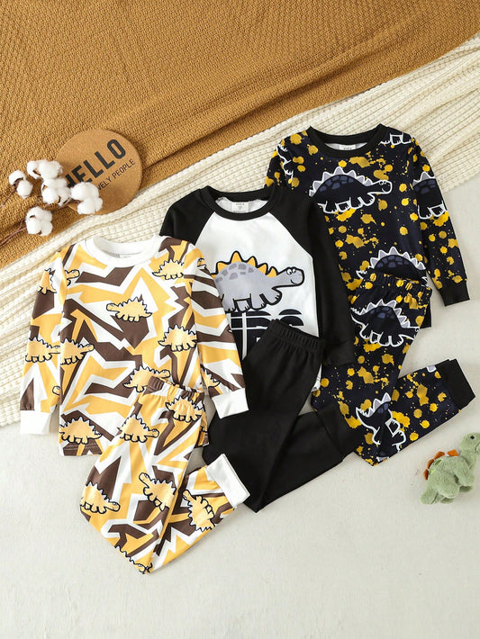 Young Boy Cool And Street Style Dinosaur Printed Boys (Toddler) 3-Piece Snug Fit Pajama Set