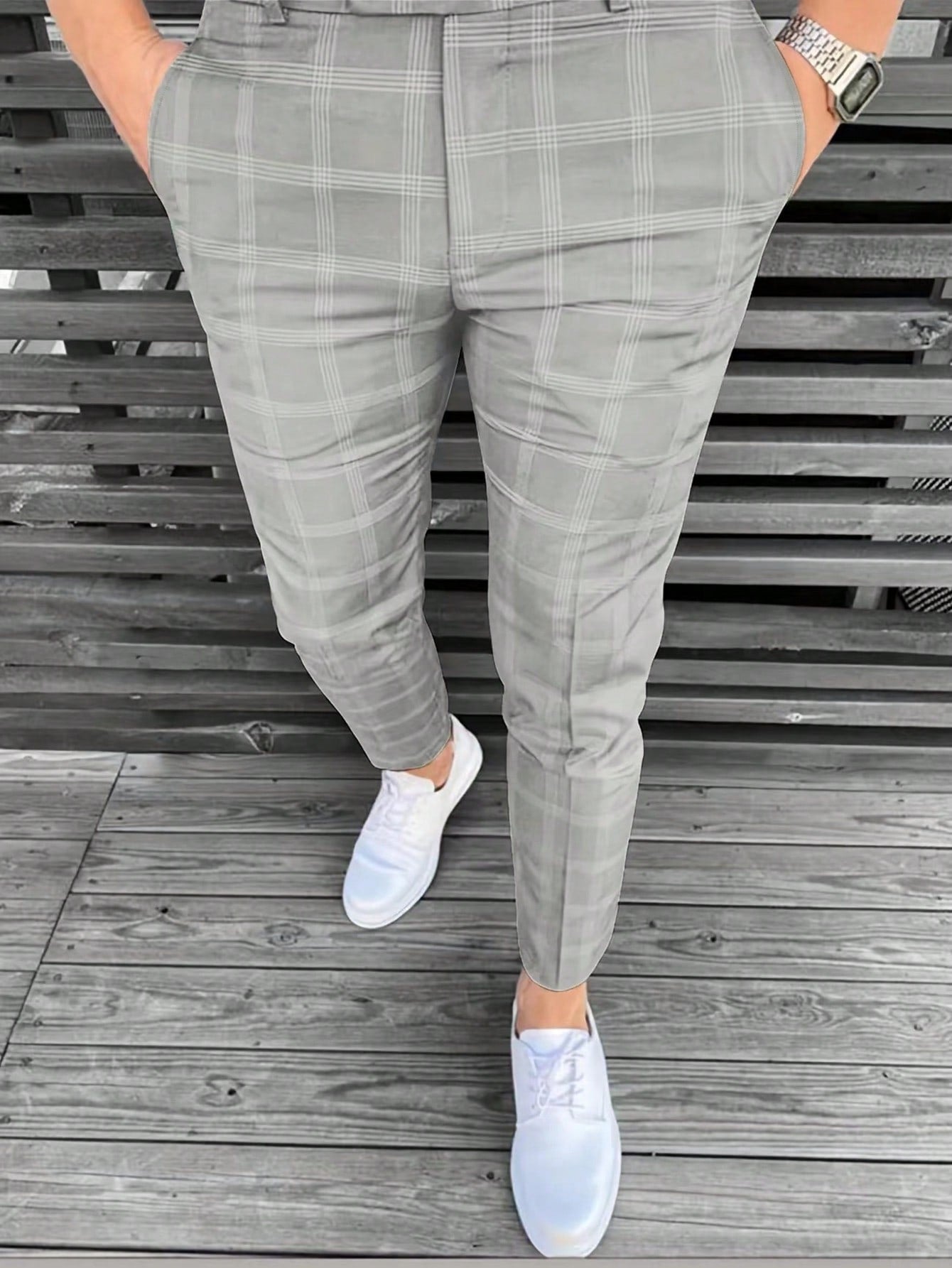 Men Plaid Straight-Legged Daily Casual Commute Suit Pants With Pockets