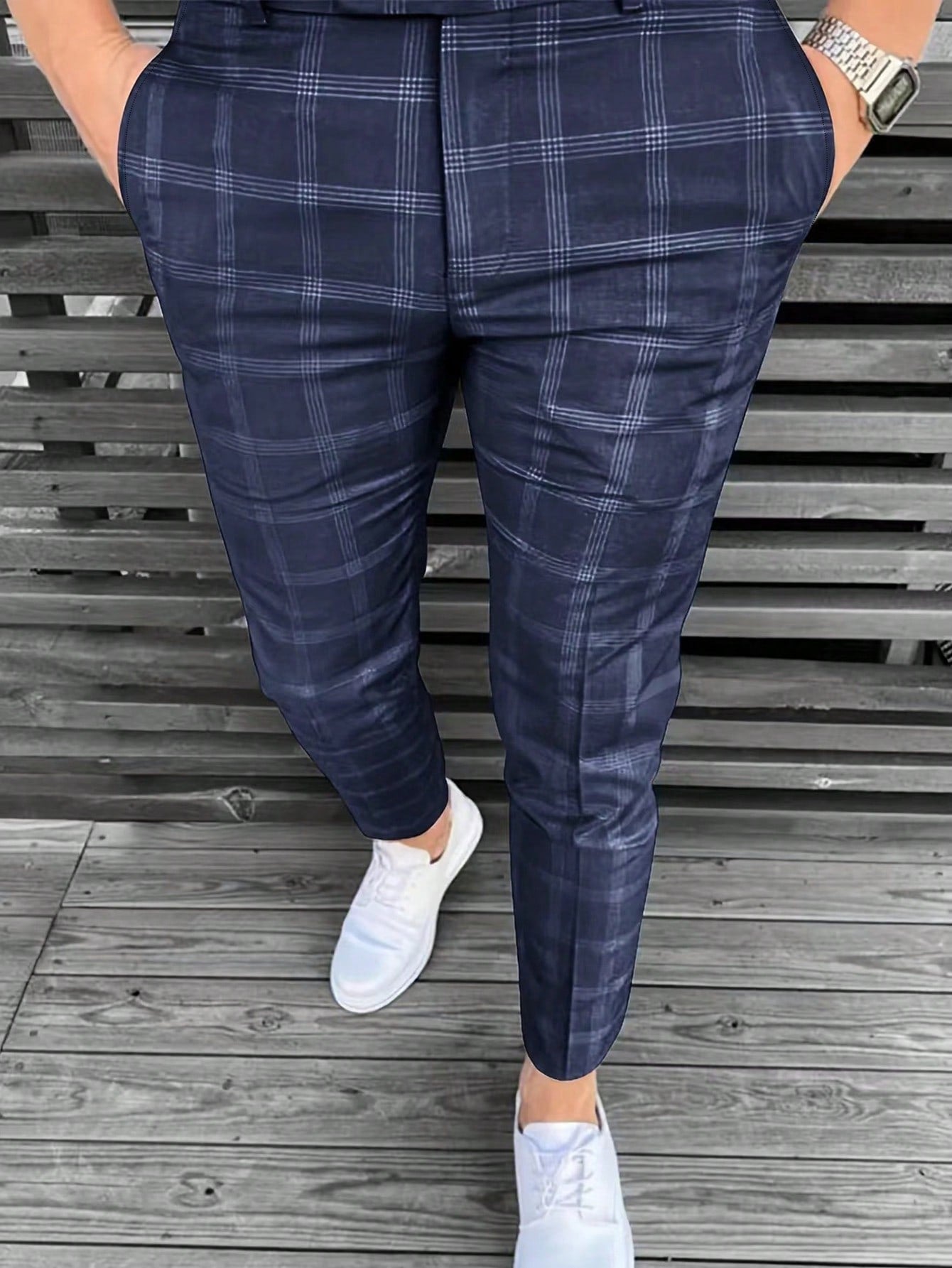 Men Plaid Straight-Legged Daily Casual Commute Suit Pants With Pockets