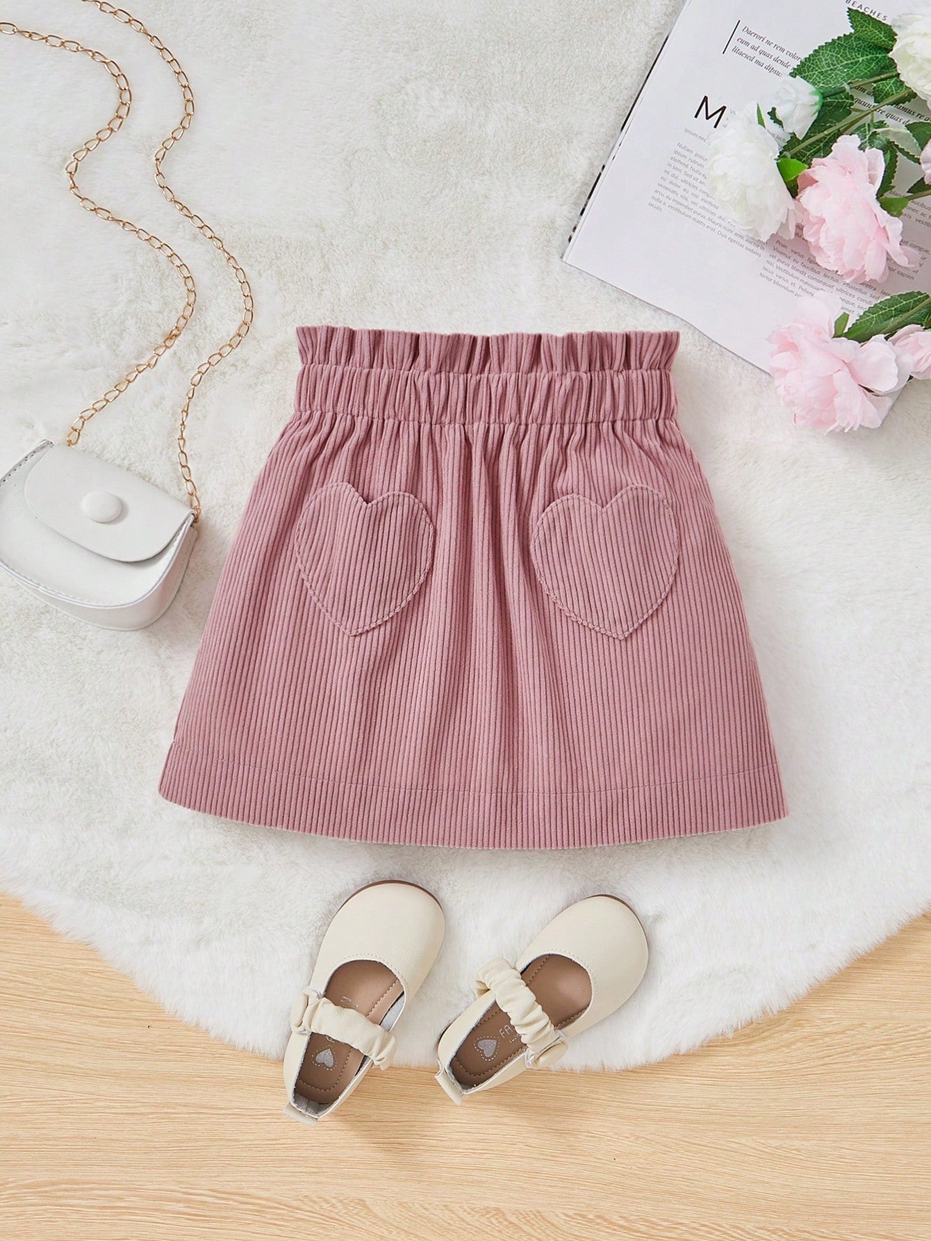 Young Girl Corduroy Paper Bag Skort With Ruffle Edge, Elastic Waist, Heart Shaped Design Pocket