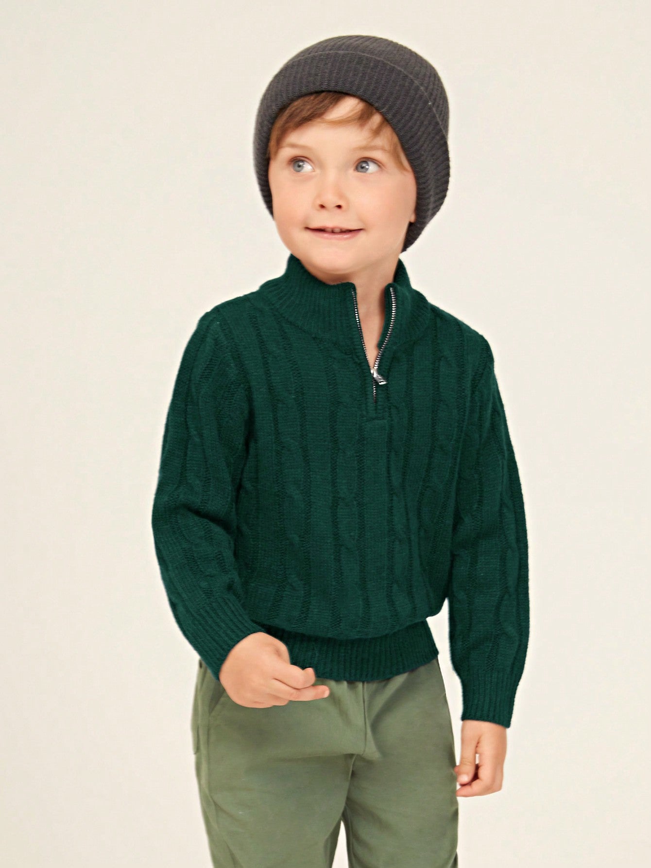 Young Boy Solid Color Zipper Half-Placket Long Sleeve Casual Sweater, Fall/Winter