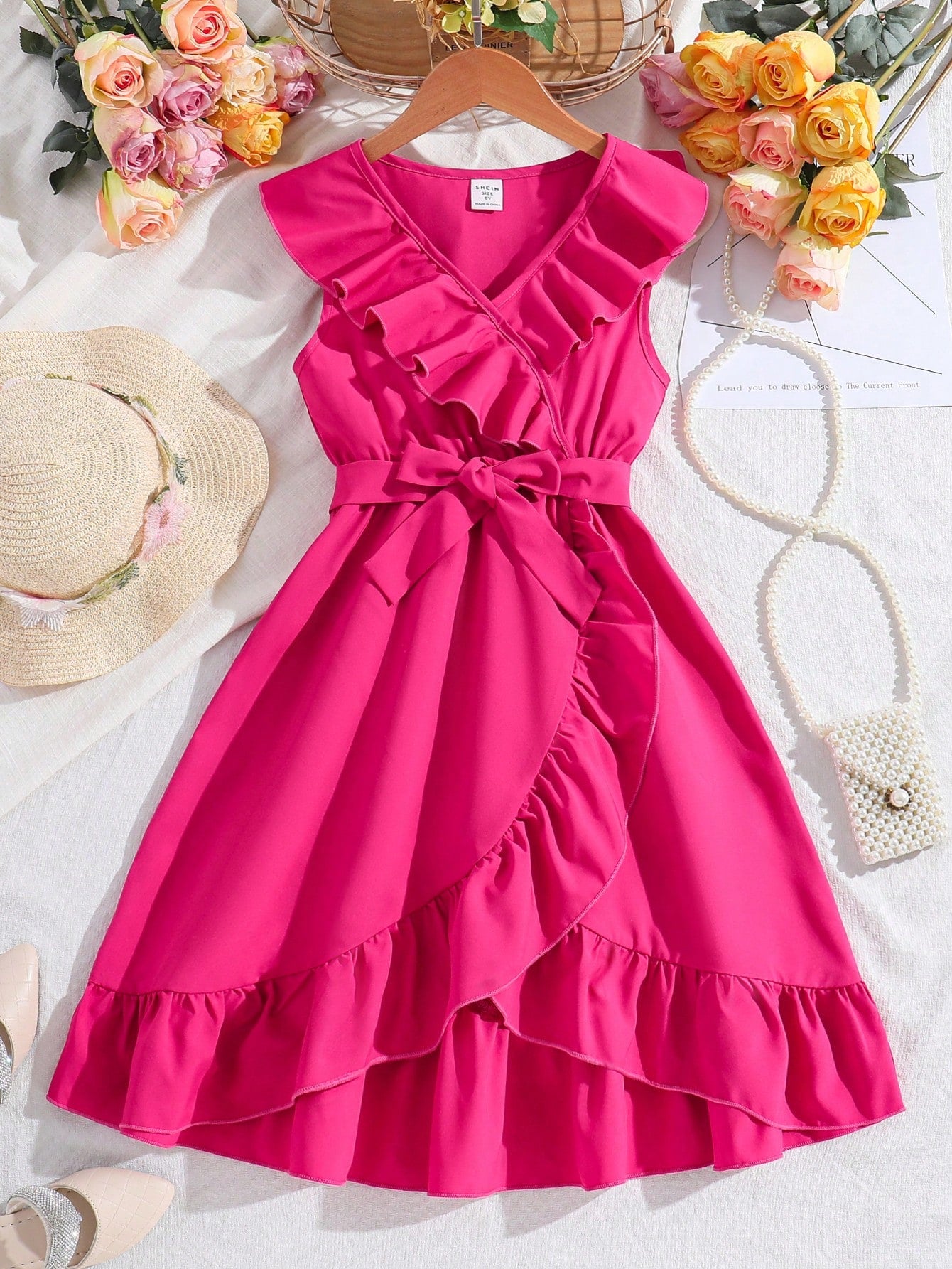 Tween Girl Ruffle Trim Wrap Belted Dress