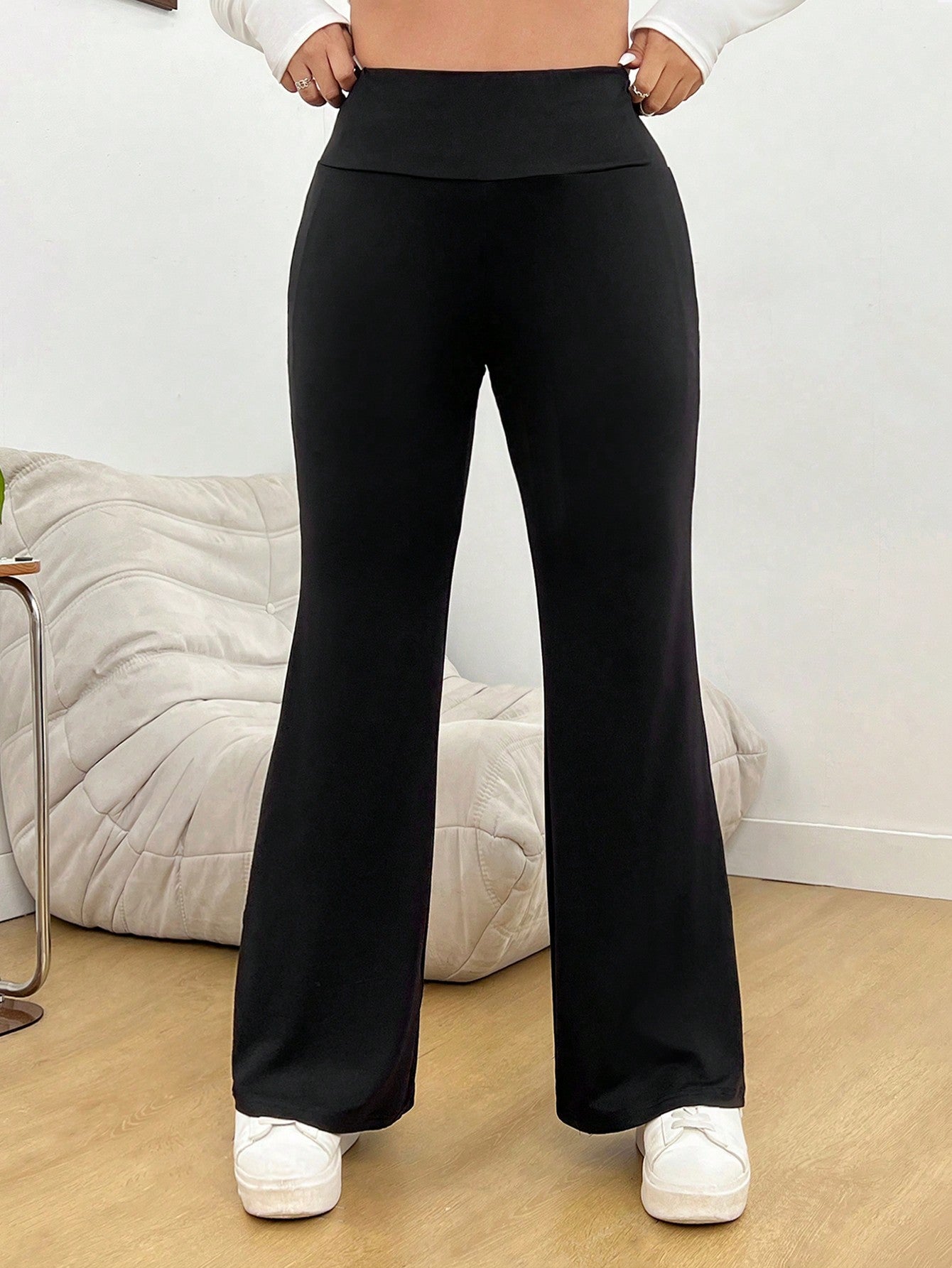 Plus Size Women's Black Striped Knitted High Waist Flared Pants