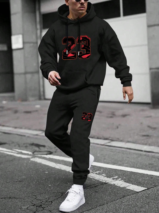 Men's Letter Printed Hooded Sweatshirt And Sweatpants Set With Drawstring