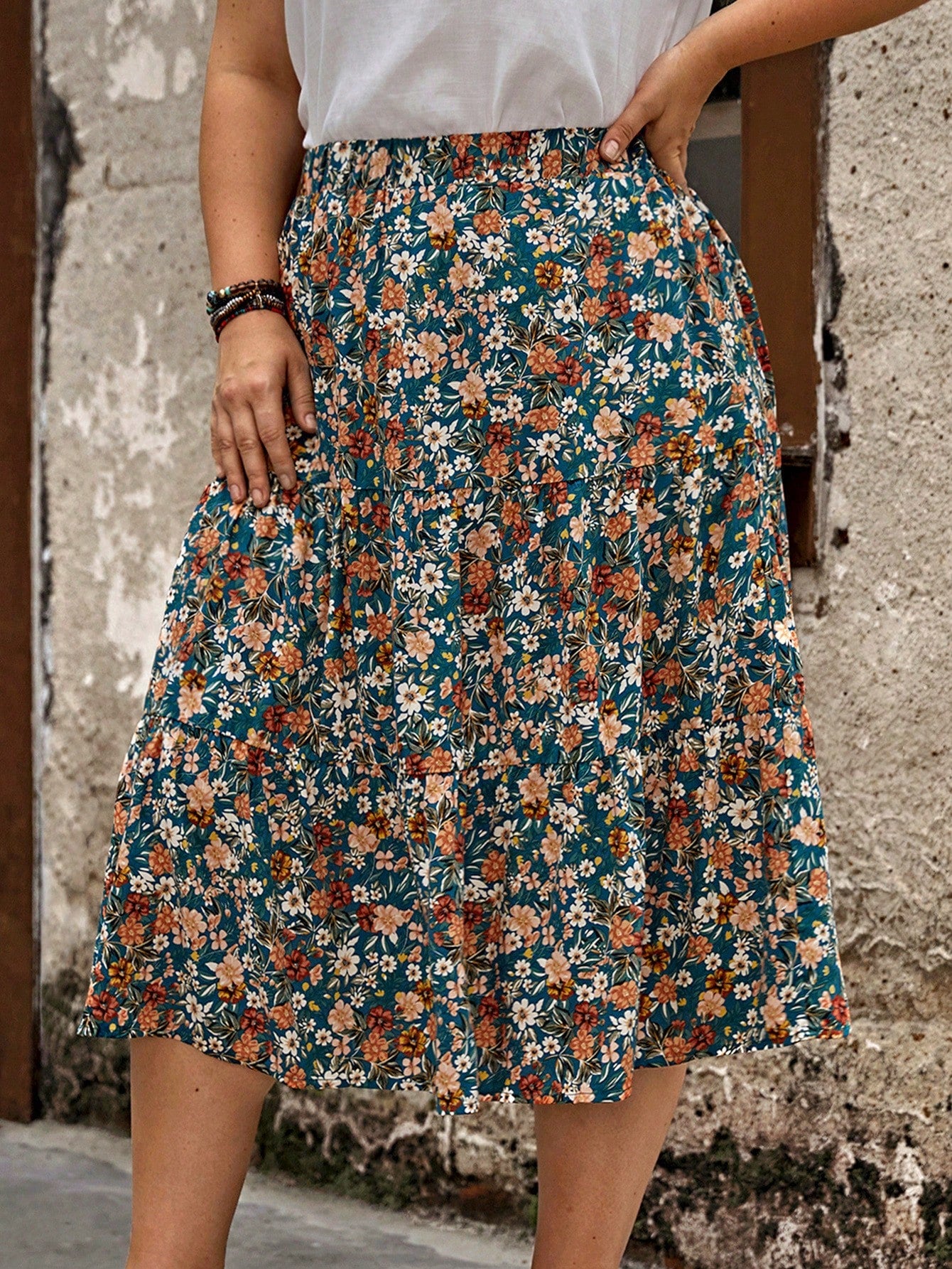 Plus Allover Floral Print Ruffle Hem Skirt