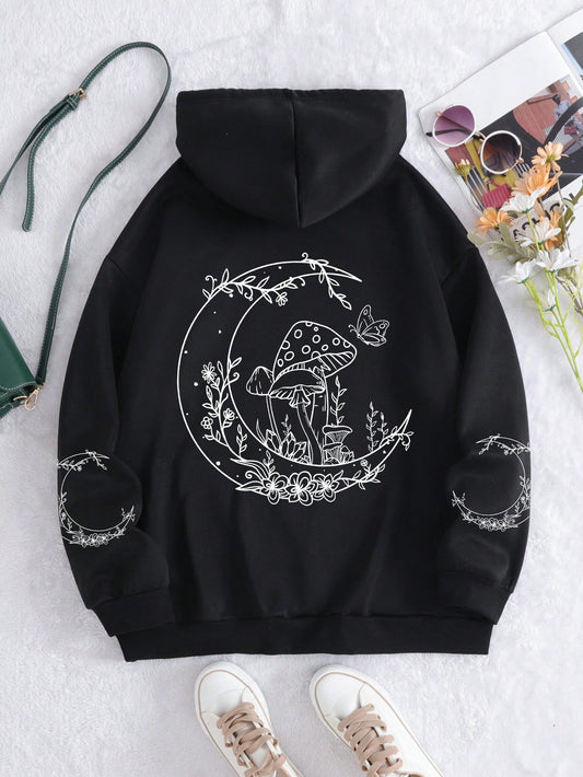 Plus Size Moon And Mushroom Printed Fleece-lined Hoodie With Kangaroo Pocket