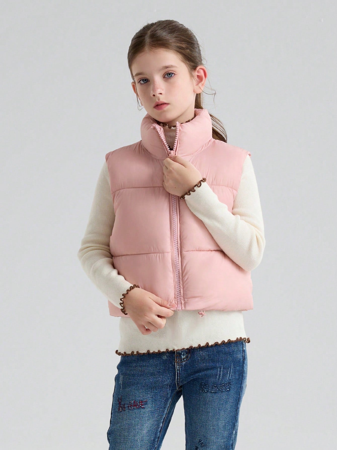 Tween Girl Stand Collar Zipper Short Down Vest Winter Clothing