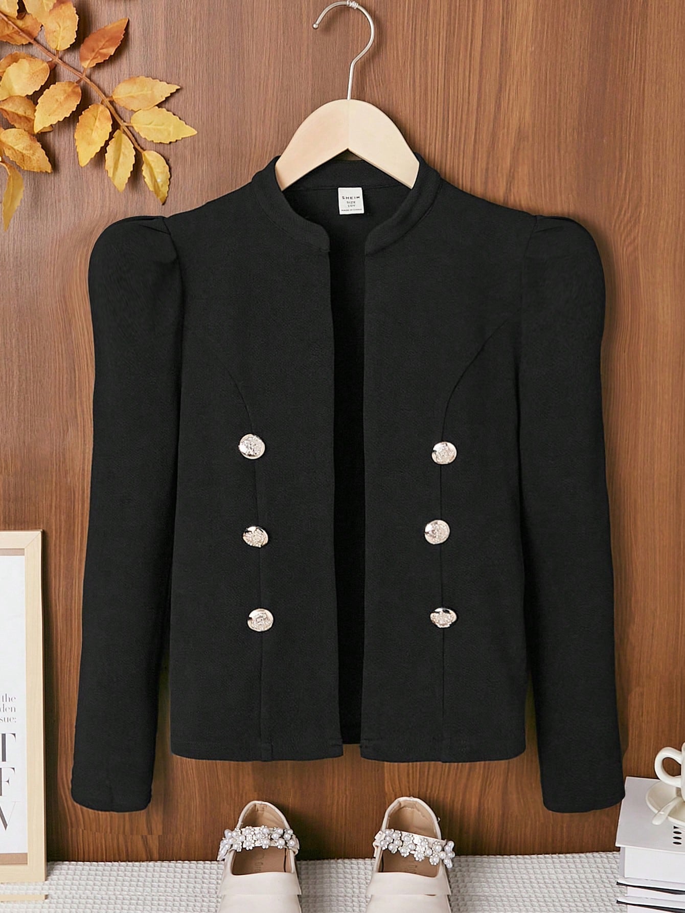 Tween Girl Solid Button Detail Puff Sleeve Open Front Jacket