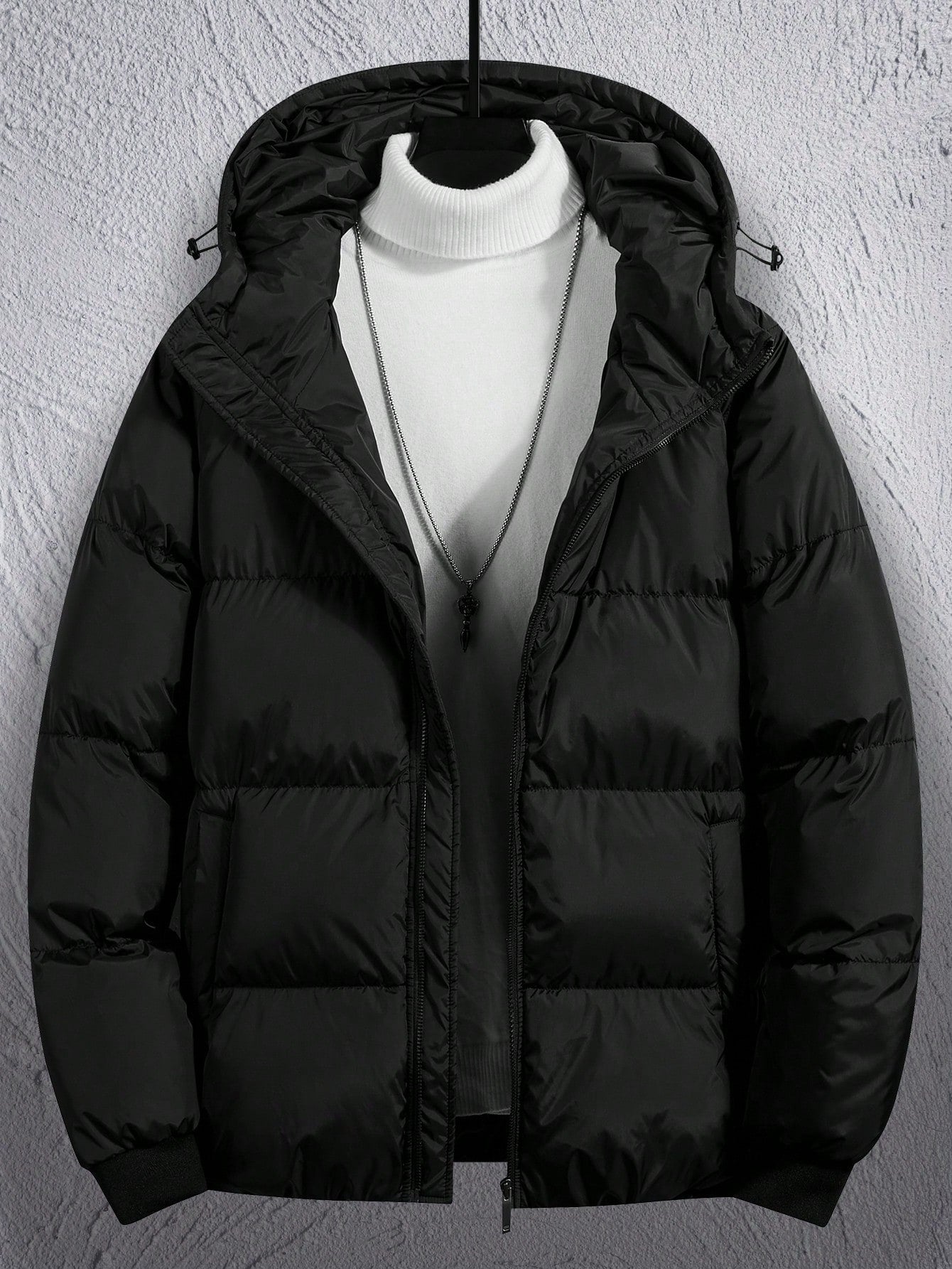 Loose Fit Men's Drawstring Hooded Zipper Puffer Coat, Sweater Not Included