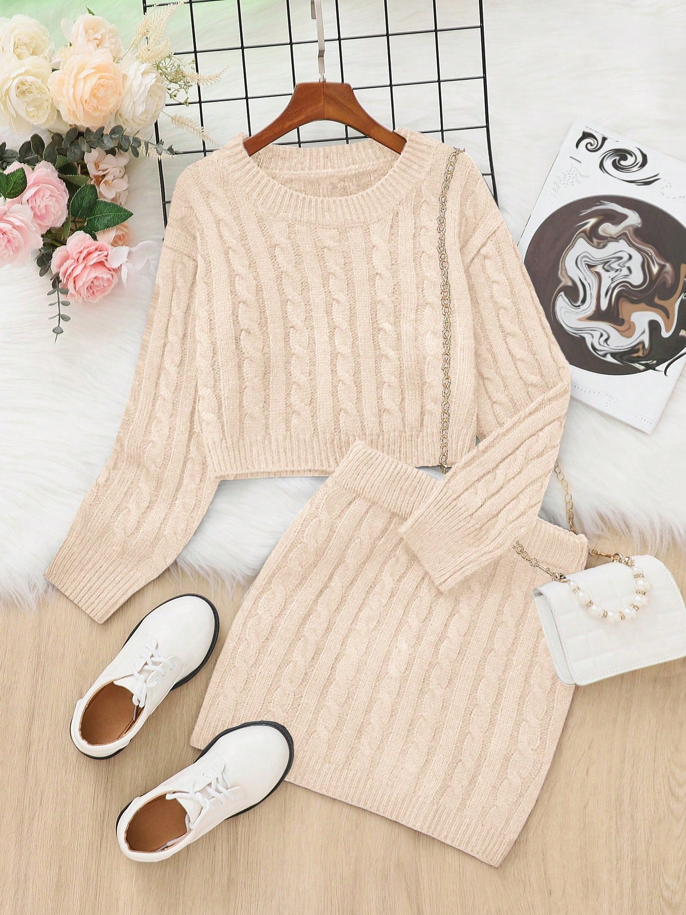 Tween Girl Cable Knit Drop Shoulder Sweater & Knit Skirt