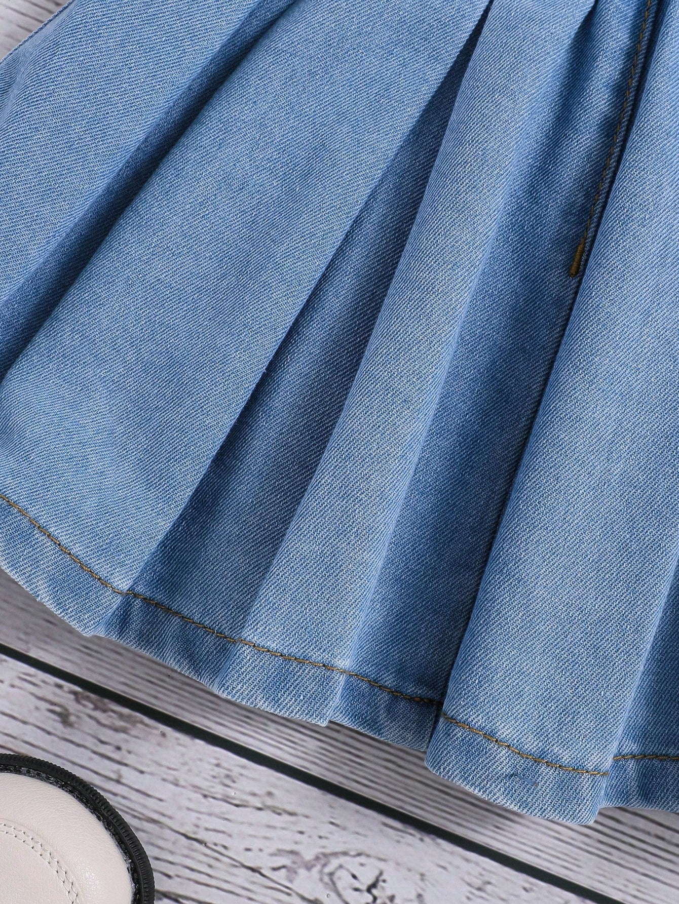 Young Girl Solid Pleated Detail Denim Skirt