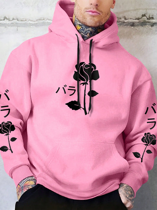 Men Floral Print Kangaroo Pocket Thermal Drawstring Hoodie