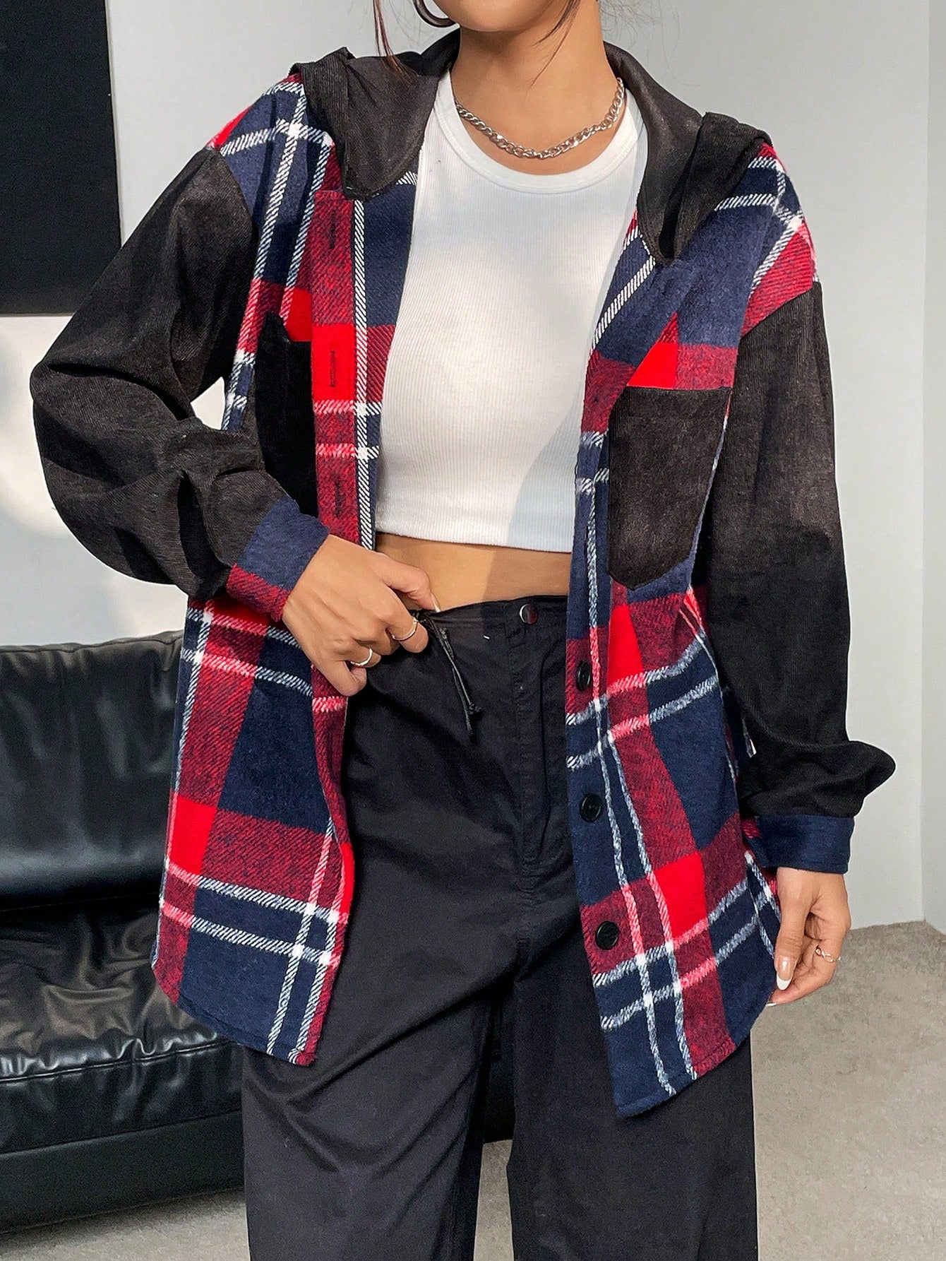 Plaid Print Drop Shoulder Hooded Coat