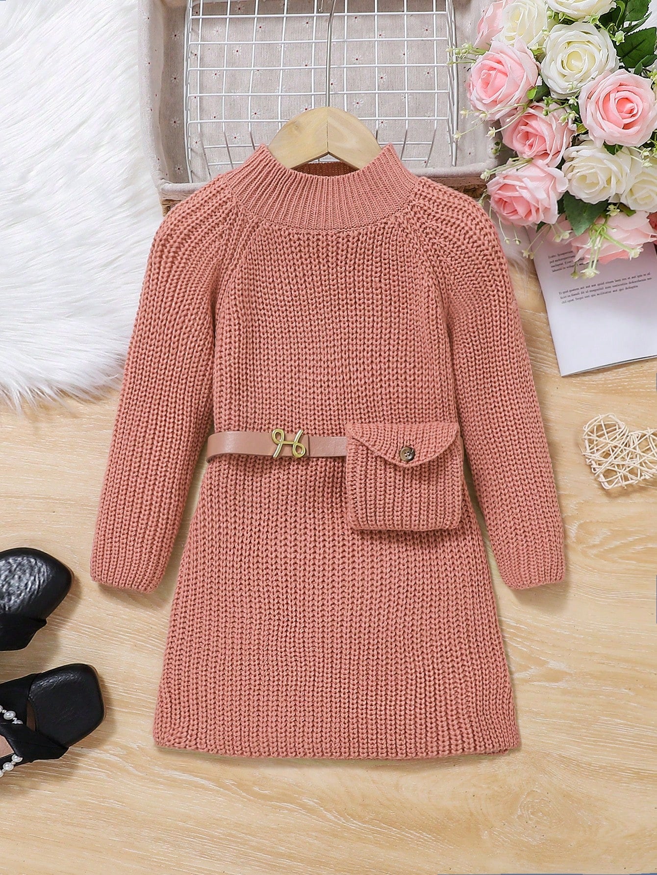 Little Girls' Casual High Collar Long Sleeve Pullover Sweater Dress With Kids' Bag & Accessories