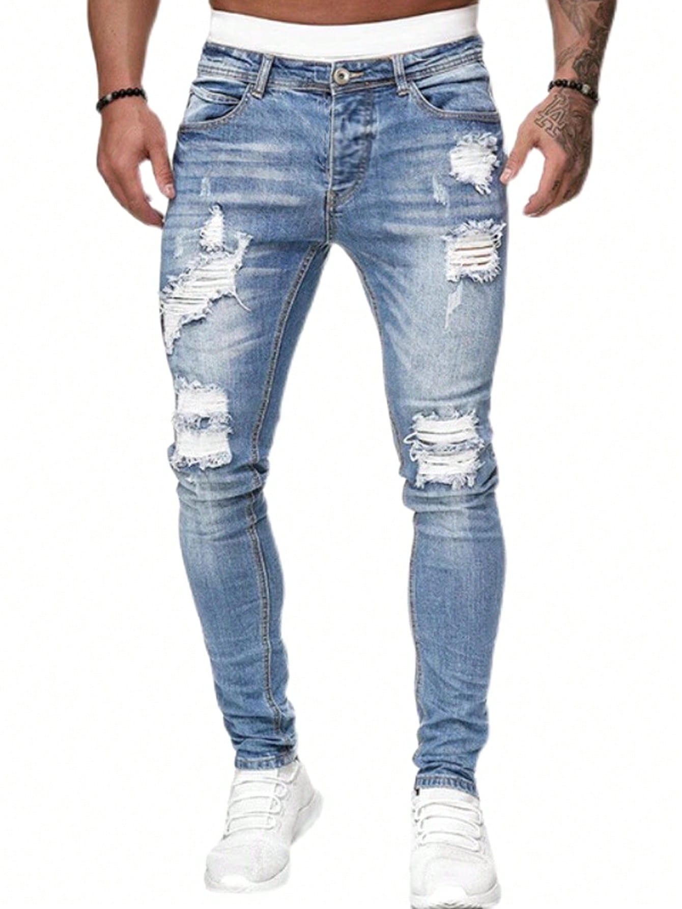 Men Ripped Skinny Jeans Slim Fit Long Dark Wash Jean Cargo Plain Blue Going Out Street Wear Husband