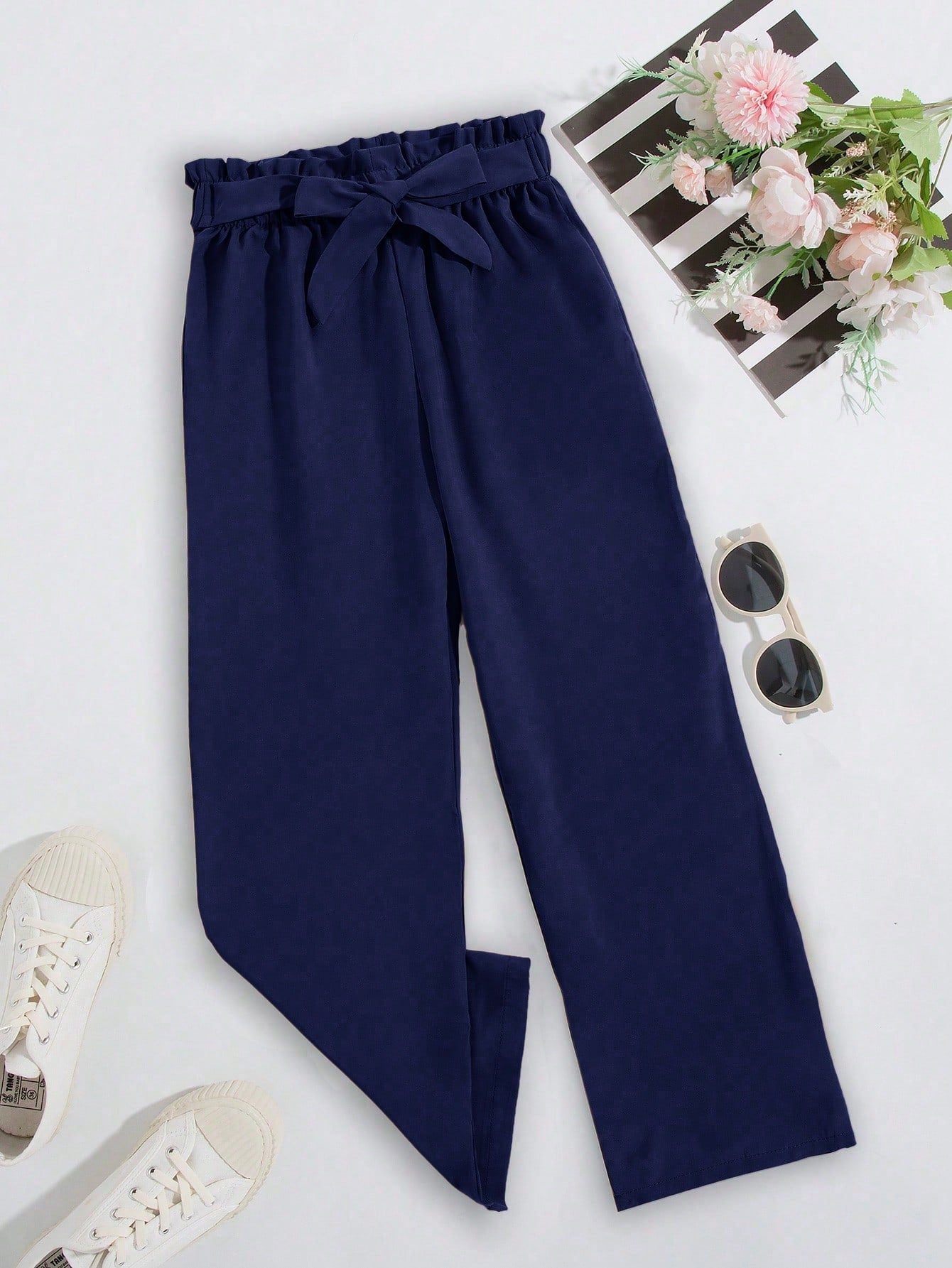 Tween Girl New Fashion Navy Blue Straight Pants With Bow Belt, Suitable For All Seasons Daily Wear