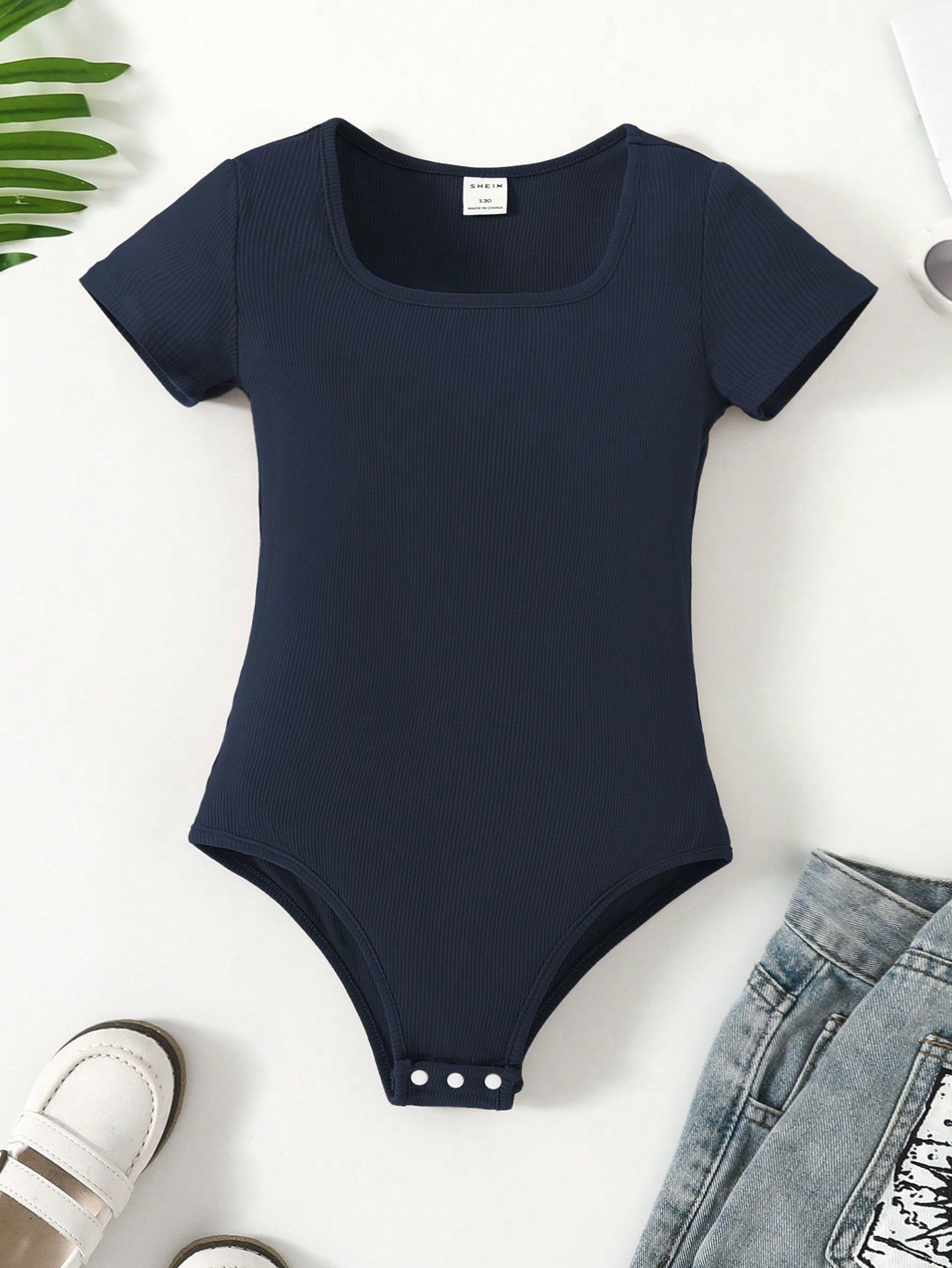 Tween Girls' Knitted Solid-Colored Short Sleeve Bodysuit, Versatile Street Style Summer Outfit, Navy Blue